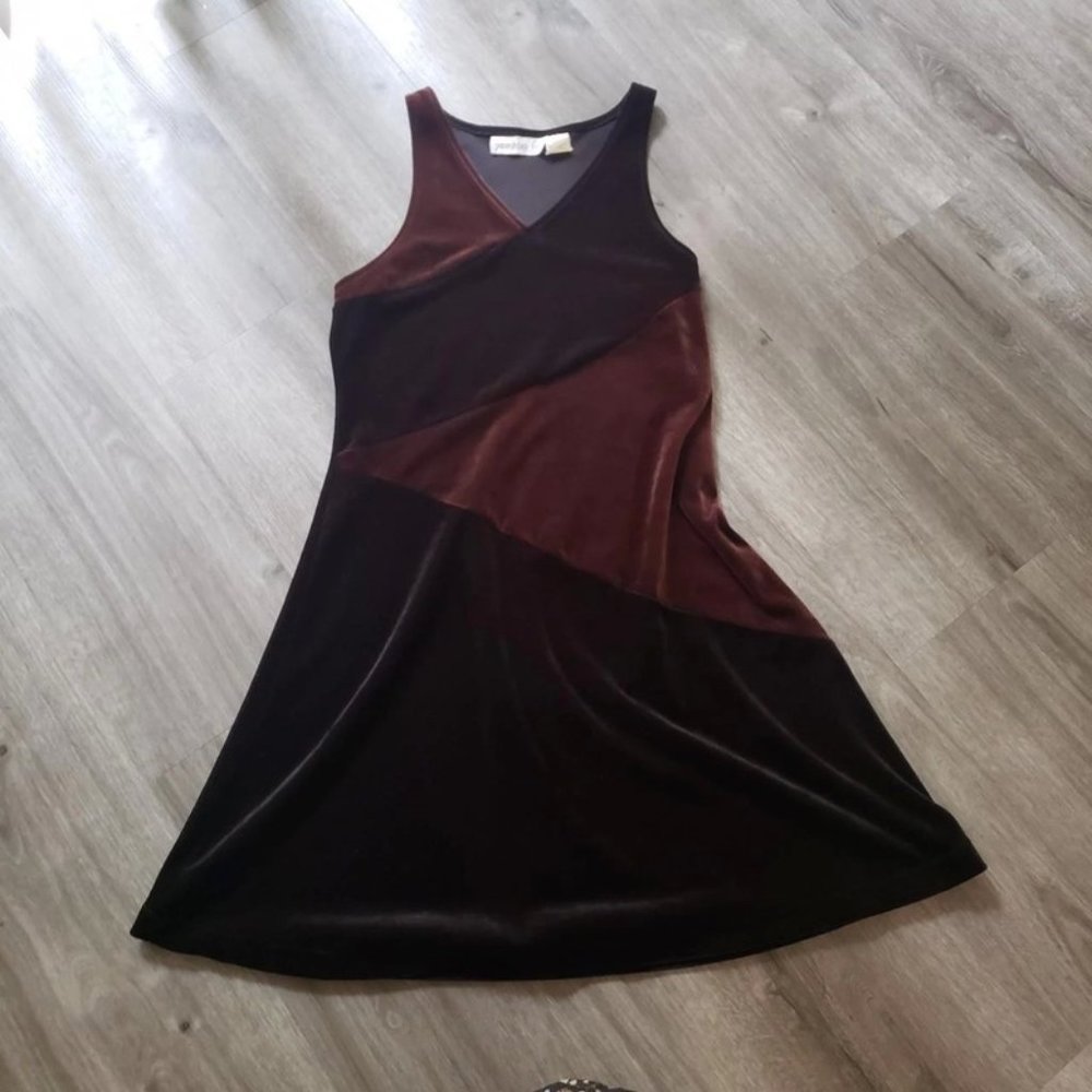 90's velvet brown and black asymmetrical and patchwork mini shift dress